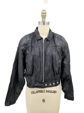 Vtg Yucatan Bay Black Leather Jacket Womens S? Moto Bomber Lace Up Back